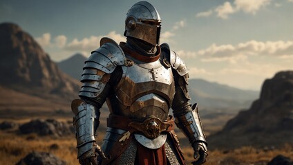 The image depicts a person in a suit of dark, medieval armor, including a helmet with glowing yellow eyeslits.