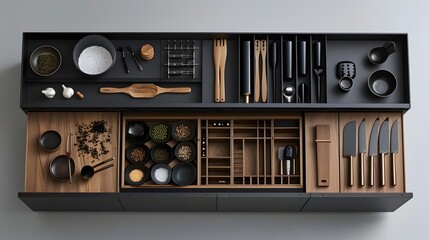 Fototapeta premium Meticulously Organized Drawers Showcasing Essentials in Minimalist Kitchen Setting