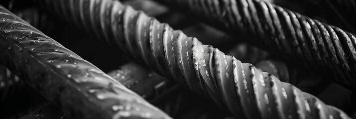 This high contrast black and white image showcases the wet textures on steel reinforcement rods - Powered by Adobe