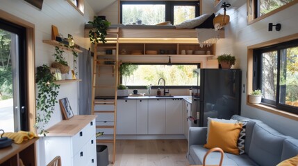 A compact tiny house with clever storage solutions and a cozy interior maximizes every inch of space