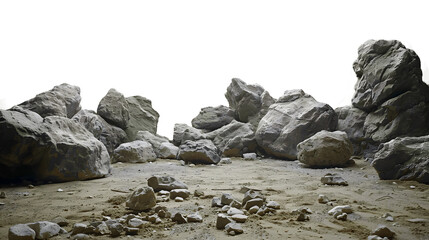 Stones and rocks on ground on transparent background.