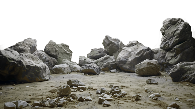 Stones and rocks on ground on transparent background.
