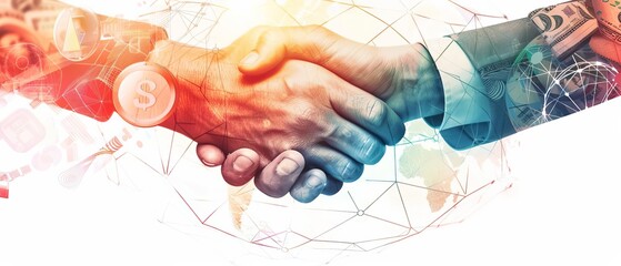 Business handshake with global network and finance icons, symbolizing partnership, collaboration, and international business connections.