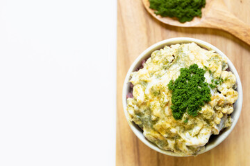 Creamy omelette with wolffia globosa on rice. Delicious and easy high protein menu.