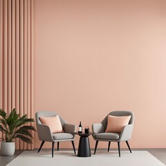 Peach fuzz trend color for 2024 in the premium living room with a painted mockup wall for art in peach pastel apricot warm tones, modern interior lounge design, accent premium gray chairs, 3D render

