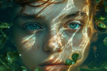 An ethereal underwater portrait of a woman with freckles, highlighted by green hues and a captivating gaze