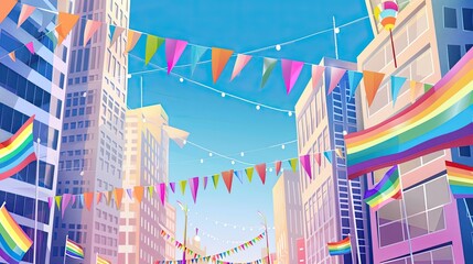 Celebrating Diversity in the City - Colorful Pride Flags and Decorations in Urban Landscape with Copy Space