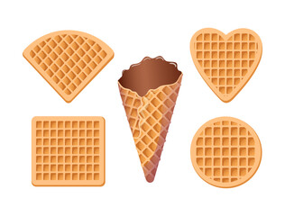 Set of Viennese waffles, chocolate cone. Delicious crispy soft sweets, realistic isolated vector food illustration. Square, circle, sector and heart. For menu, cafe, stickers, design elements.
