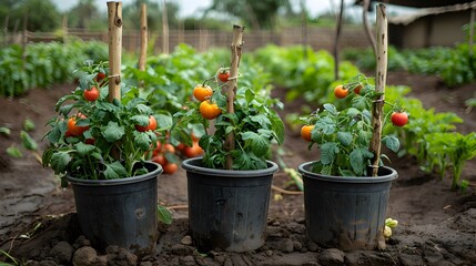 African Vegetable Garden Thriving with Plastic Buckets Hanging on Sticks as Unconventional Irrigation Solution
