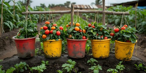 Fototapeta na wymiar African Vegetable Garden Thrives with Plastic Buckets Cultivation Method