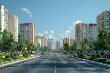 Cityscape with wide road and apartment buildings