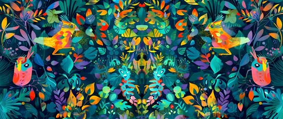Lush Vibrant Floral Jungle Pattern with Colorful Leaves and Flowers in Dreamlike Digital