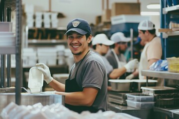 happy people at work, a man smiling working in restaurant kitchen
