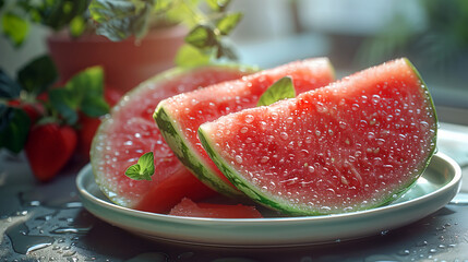 Ripe and juicy watermelon slices close-up on a plate.
