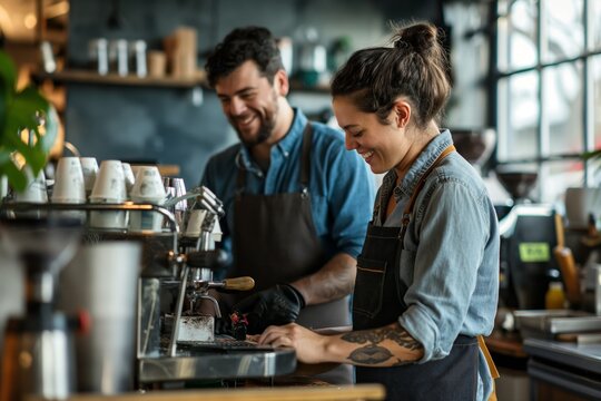 happy people at work, woman barista working in coffee shop 