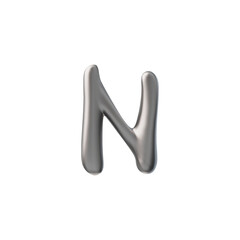 Vector 3D glossy metallic letter N, made in chrome silver color on a white background.