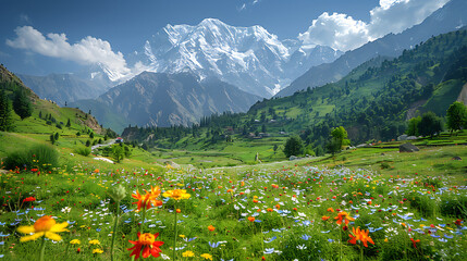 enchanting image of Fairy Meadows lush green meadow carpeted wildflower framed towering peak of Nanga Parbat massif background idyllic alpine setting panoramic view of Pakistan's ninth highest mountai