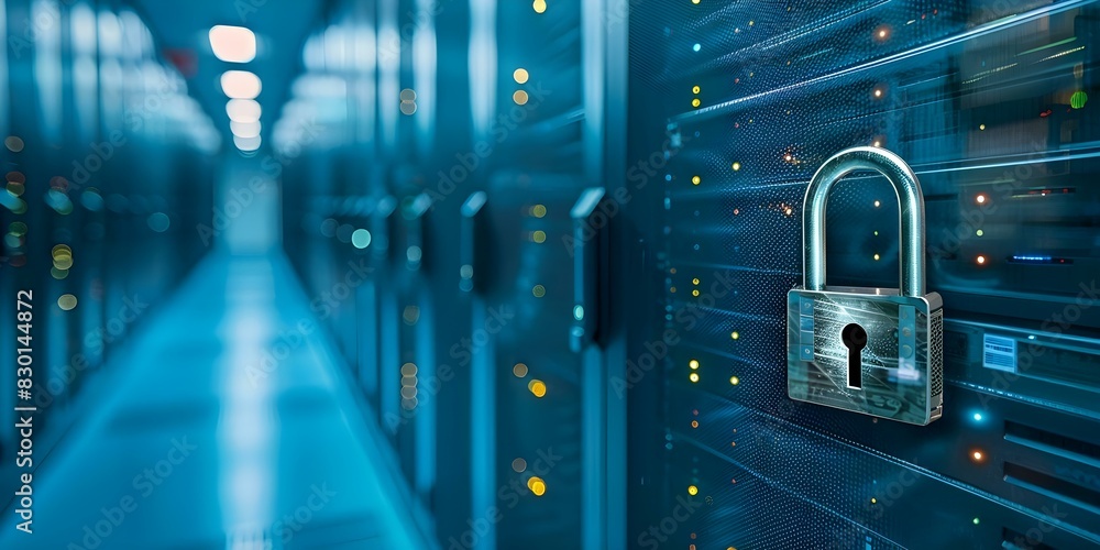 Aufkleber secure server network guarded by a shiny lock on blue backdrop. concept secure servers, shiny lock, 