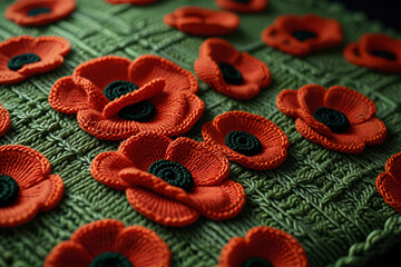 Fototapeta premium Knitted Wool Texture of Red Poppy on Green Background - World War Remembrance Day Tribute