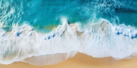 Aerial View of Stunning Beach with Blue Waves - Perfect Vacation Background. Concept Beach Photography, Aerial View, Vacation Destination, Blue Waves, Stunning Landscape