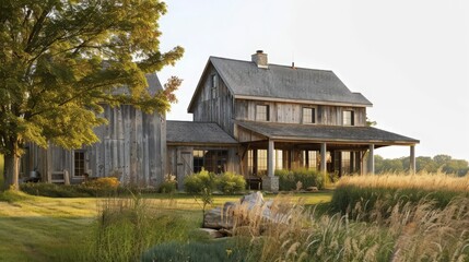 The rustic farmhouse, with its weathered barn and sprawling fields, embodies the essence of country living