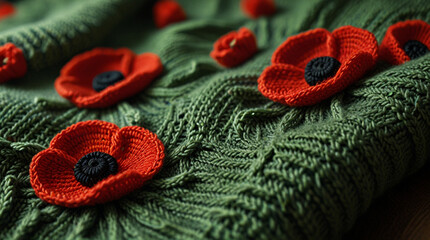 Obraz premium Knitted Wool Texture of Red Poppy on Green Background - World War Remembrance Day Tribute