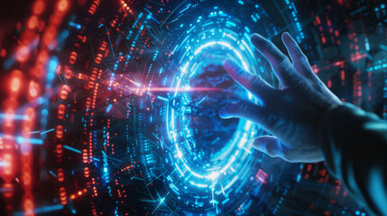 Hand touching on glowing digital data vortex, futuristic technology background with blue and red lights