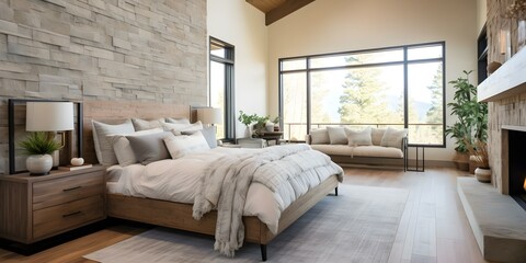 Fototapeta premium Rustic interior design elements highlighted in modern farmhouse bedroom with hardwood floors. Concept Rustic Elements, Modern Farmhouse, Bedroom Design, Hardwood Floors, Interior Styling