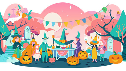 Enchanting Halloween Celebration with Costumed Characters and Pumpkins