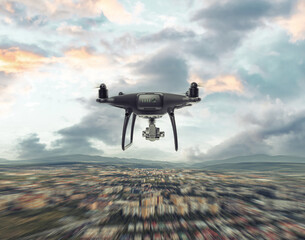 Dark drone in flight over the city.