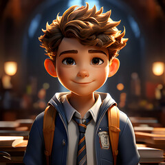 Futuristic school boy cartoon character. Smart Kid. 3d style.
