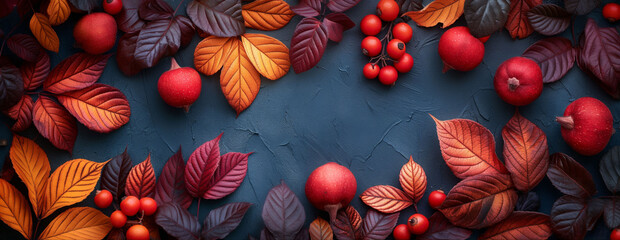 top view contrast color autumn foliage dogwood tree  leaves with red fruit and red berries on dark blue background