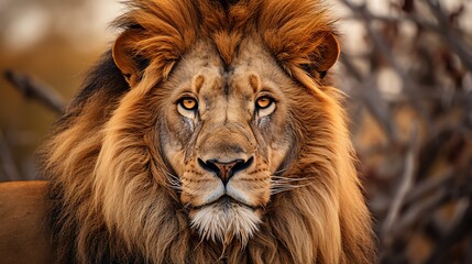 Fototapeta premium Close-up of a majestic lion with a full mane, gazing intensely into the camera, set against a natural, blurred background.