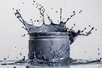 A splash of gray paint on white background. A can of dark gray paint. Silver color. Splatter. Painting.