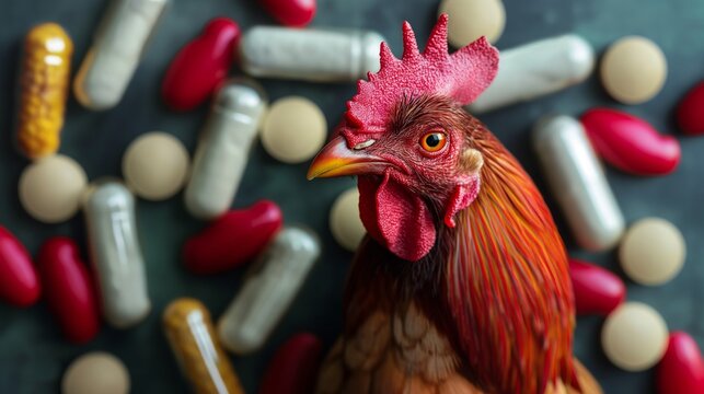 Chicken with pills and medicine capsules idea for, antibiotic and hormone in livestock may affect on human health