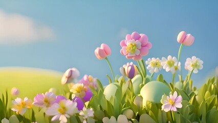 3d Animation cartoon happy spring flowers in blue sky. Fresh Green grass and pastel summer spring landscape Animated background colorful spring flowers. Colorful summer garden with sunlight shining 4k