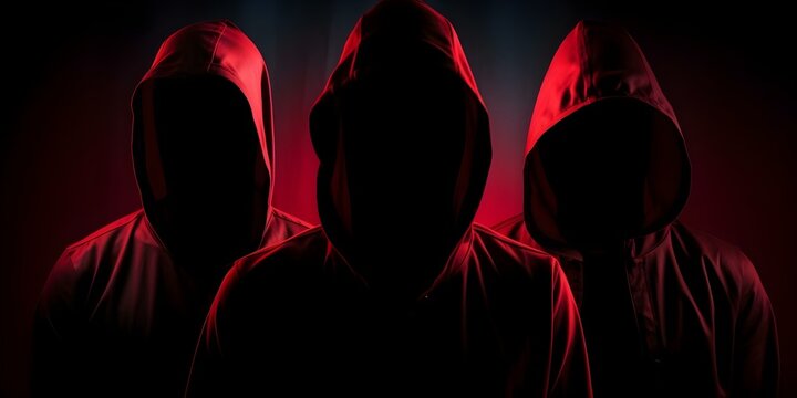 Three anonymous hackers from the red hat hacker group. Concept Hacking, Red Hat Hacker Group, Cybersecurity, Digital Crime, Anonymous Hackers