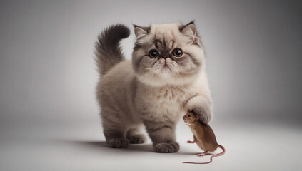 
Photo of a fluffy Persian cat with luxurious cream fur and expressive blue eyes, standing on a smooth surface and playing with a mouse