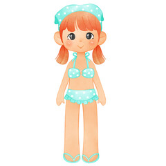 Little Girl in Swimsuit, Summer Illustration, Summertime Clipart Hand Drawn