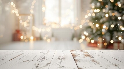 Empty white wood table top with abstract warm living room decor with christmas tree string light blur background with snow