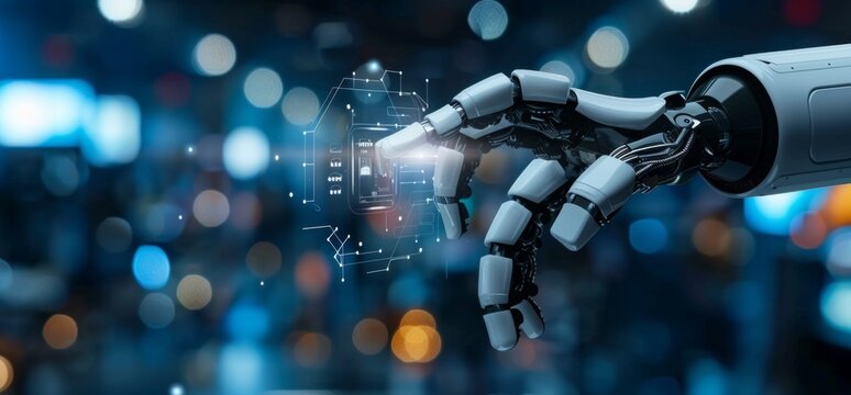 Concept of innovative technology in robotic process automation with a robot pushing a virtual button in a 3D render.