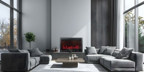 Modern home decor featuring cozy seating around a contemporary electric fireplace. Concept Modern Home Decor, Cozy Seating, Contemporary Fireplace, Electric Fireplace, Interior Design