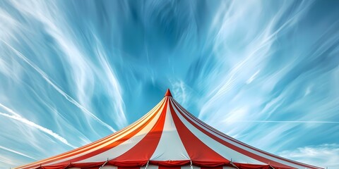 Vibrant red and white striped circus tent under blue sky. Concept Colors, Circus Tent, Sky, Outdoor Photography, Vibrant