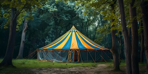 Colorful big top tent stands out among trees in outdoor setting. Concept Outdoor Photoshoot, Colorful Props, Carnival Theme, Summer Fun, Family Event