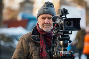 Obraz premium Mature film director, confident, professional, digital SLR, standard zoom, daytime, set portrait, digital, high realism, set light. , background blur