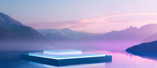Empty product podium with neon indigo square, minimal style, set against a silent mountain range. 3d render illustration. 

