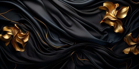 Luxurious 4k black silk texture with golden floral shapes abstract 3D render. Concept Luxurious...