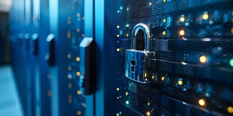 Protected Server Network with a Shiny Lock on Blue Background. Concept Network Security, Server Protection, Cybersecurity, Secure Lock, Data Encryption