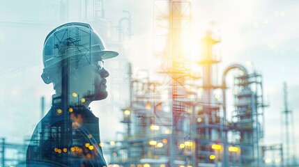 Technical Precision: Engineer in Hard Hat with Double Exposure of Industrial Plant and Machinery, Spacious Copy Space and Natural Light