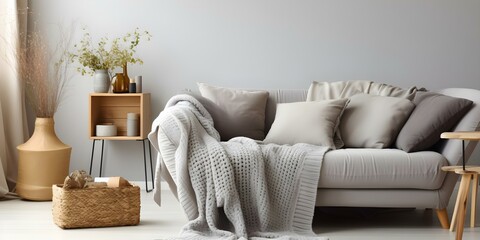 Knitted blanket and grey sofa create a cozy living room. Concept Cozy Home Decor, Knitted Blanket, Grey Sofa, Living Room Style